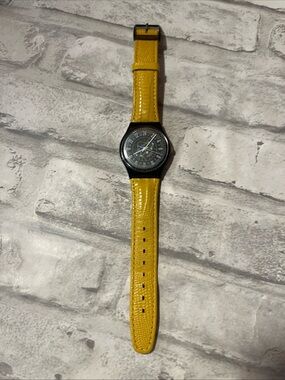 Vintage Swatch Yellow Strap Wristwatch with Black Case 24 hour clock